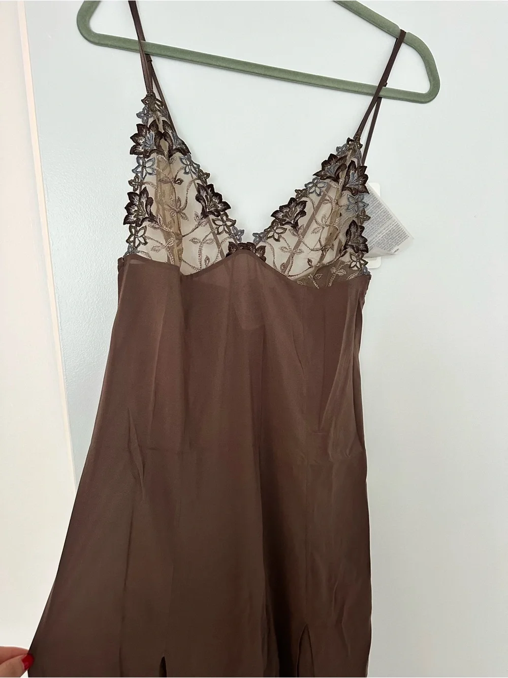 La Perla Silk Malizia Brown Lace-Trim Slip nightgown with Side Slits
